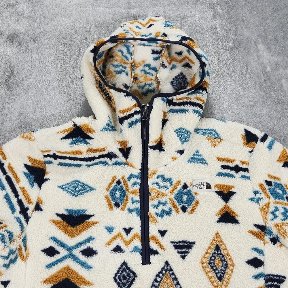The North Face Hoodie Mens Large White Aztec Sherpa Fleece 1/4 Zip Pullover